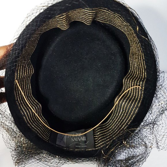1960s Black Wool Veiled Half Hat, Mid-Century Black Louise Salvail Wool Hat - Picture 7 of 10